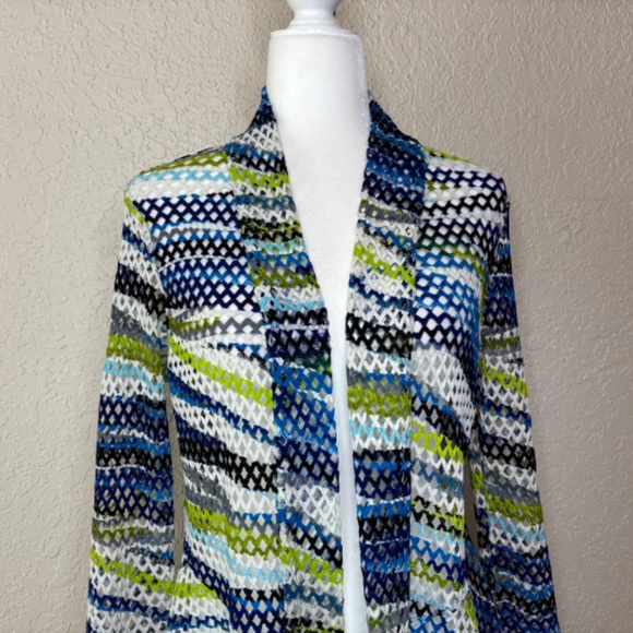 Frank Lyman Design Blue Green Crochet Open Front Cardigan Jacket Women's Size 12 - Picture 3 of 11